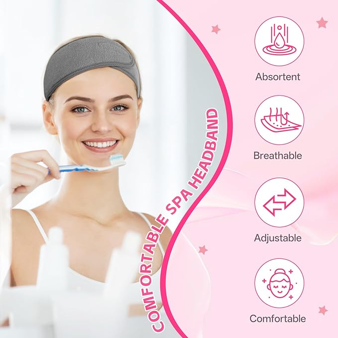 80 Pack Adjustable Spa Headband for Women Non-Slip Facial Hair Wrap for Washing Face, Makeup, Shower, Skincare, and Yoga (Grey, 80)
