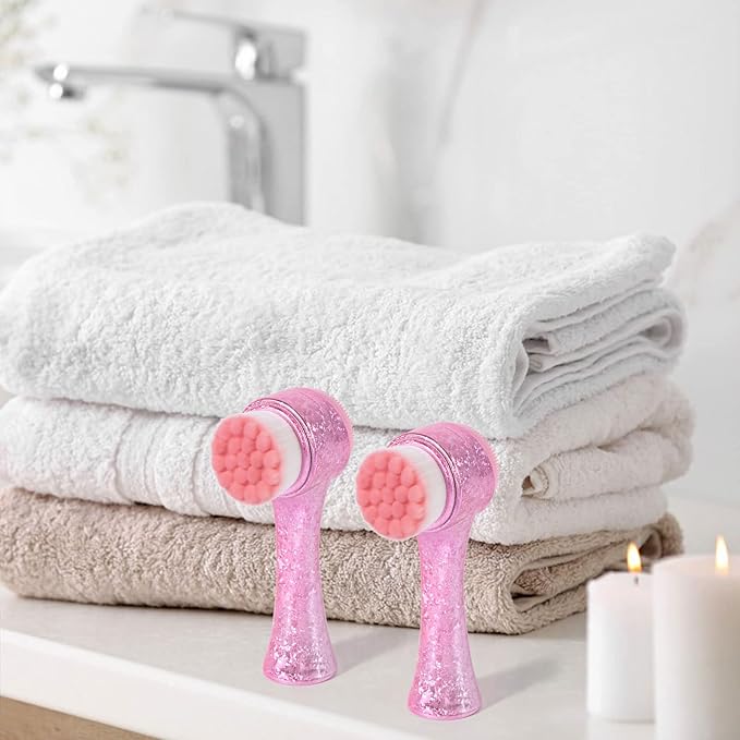 Face Brush 2 in 1, Facial Cleansing Exfoliating Brush with Ultra Fine Soft Bristles for Pore Deep Cleansing Silicone Double Side Face Wash Scrub Brush for Skin Care, Ice Flower Pink