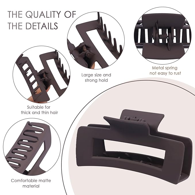 8 Pcs Large Hair Claw Clips 4.1 Inch Non-slip Big Square Matte Hair Claws for Women, Strong Hold Banana Clip for Thick Thin Hair(White/Brown)