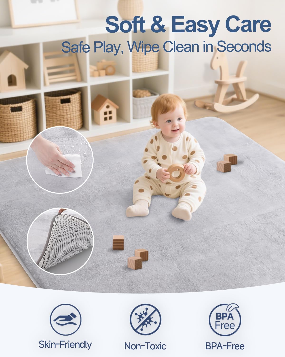 Thick Baby Play Mat for Floor,59 x 71 Playpen Mat,Large Tummy Time Foam Mats,Soft Support & Plush Feel Nursery Kids Rug,Easy Care with Non-Slip Cushioned for Infant,Kids and Toddler Crawling,Grey