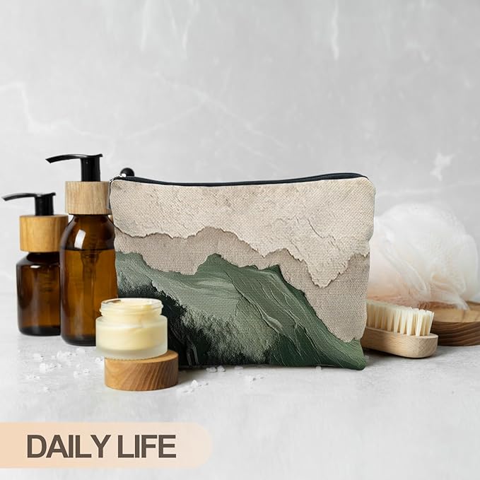 Abstract Sage Green Beach Makeup Bag, Modern Ocean Waves Beachy Cosmetic Bags for Women, Gifts for Beach Lovers, Minimalist Beige Ocean Aesthetic Zipper Makeup Pouch