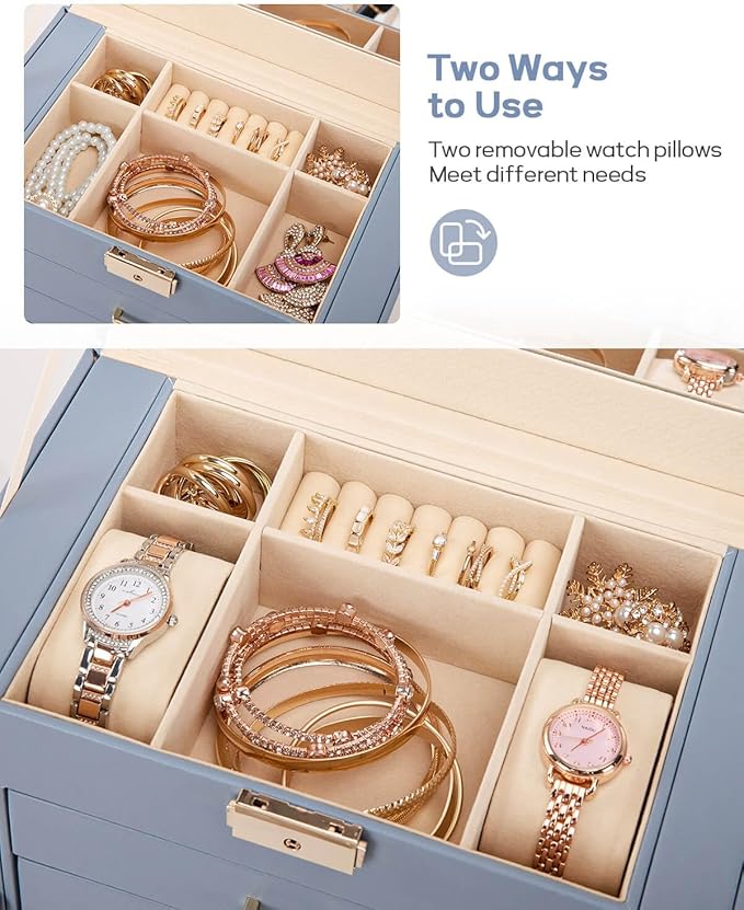 Homde Synthetic Leather Huge Jewelry Box Mirrored Watch Organizer Necklace Ring Earring Storage Lockable Gift Case (Grey Blue + Gold)
