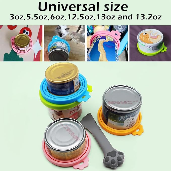 Food Can Spoon & Lids, One Multi-Functional Opener Spatula, 4 PCS BPA Free Silicone Universal Can Covers, Cute Paw Shape Spoon for Cat Dog Wet Food (Grey)