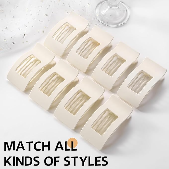 8 Pack French Flat Hair Clips for Women – Large Matte No-Slip Claw Barrettes for Thick & Thin Hair, Strong Hold Styling Accessories (White)