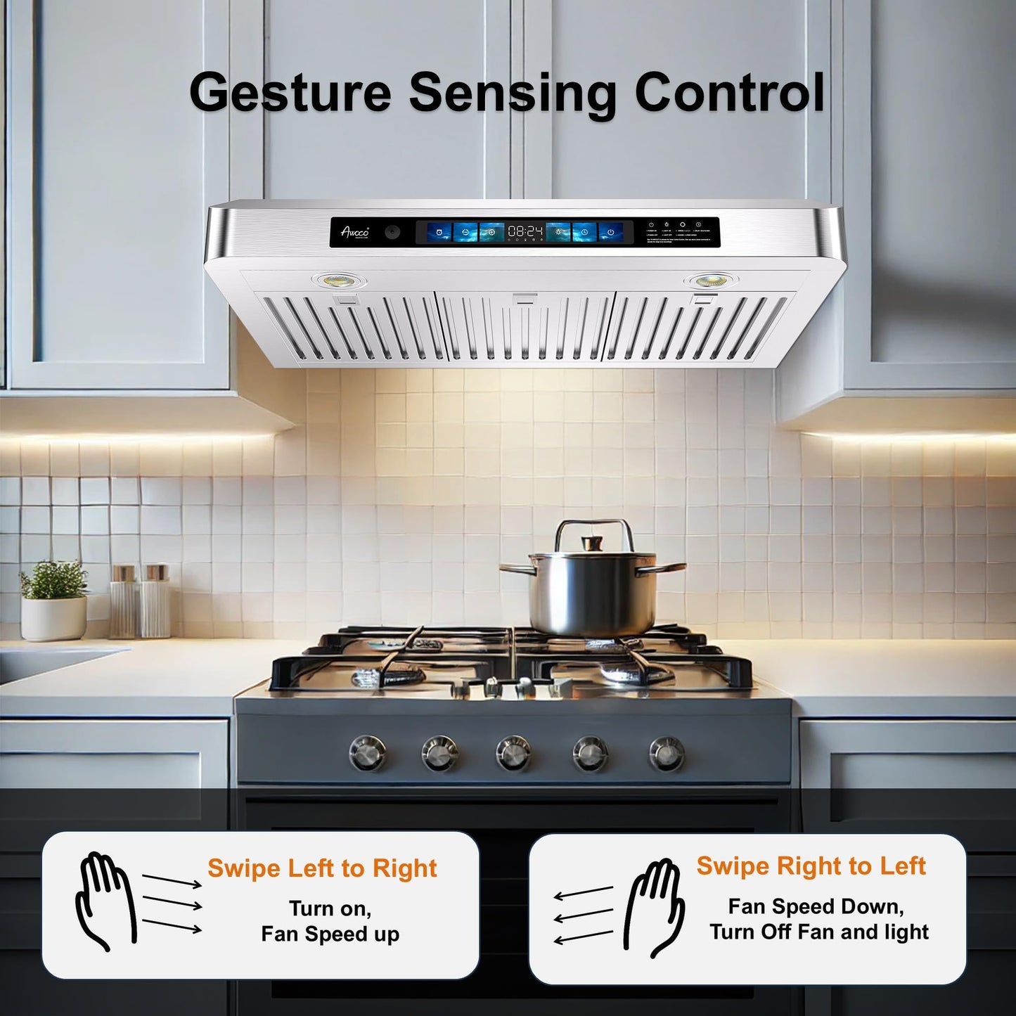 Awoco 30" Under Cabinet Range Hood Smart Controls with Voice, Gesture, Touch & Remote Controls, 900 CFM Kitchen Hood with 4-Speed, Stainless Steel Stove Hood with LED Lights, Baffle Filters