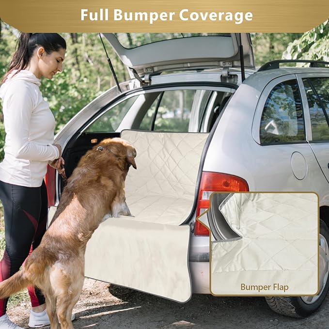 F-color SUV Cargo Liner for Dogs, Water Resistant Pet Cargo Cover Dog Seat Cover Mat for SUVs Sedans Vans with Bumper Flap Protector, Non-Slip, Large Size Universal Fit, Beige