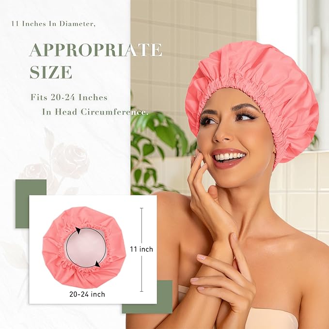 Reusable Shower Cap for Women, Large Waterproof Shower Bonnet with Elastic Band, Washable Bath Hair Cap for Long, Curly Hair, Braids, Daily Shower, Home Spa, Travel(Orange Pink)
