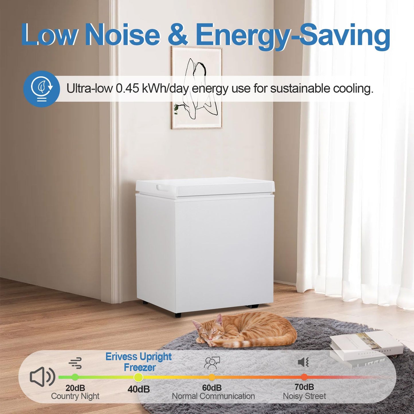 Erivess 2.0 Cu.Ft Chest Freezer - Compact Deep Freezer with Removable Basket, Energy Efficient & Quiet Top Door Design, Mini Freezer Adjustable 7 Thermostat, for Home, Apartment, Garage, Dorm (White)