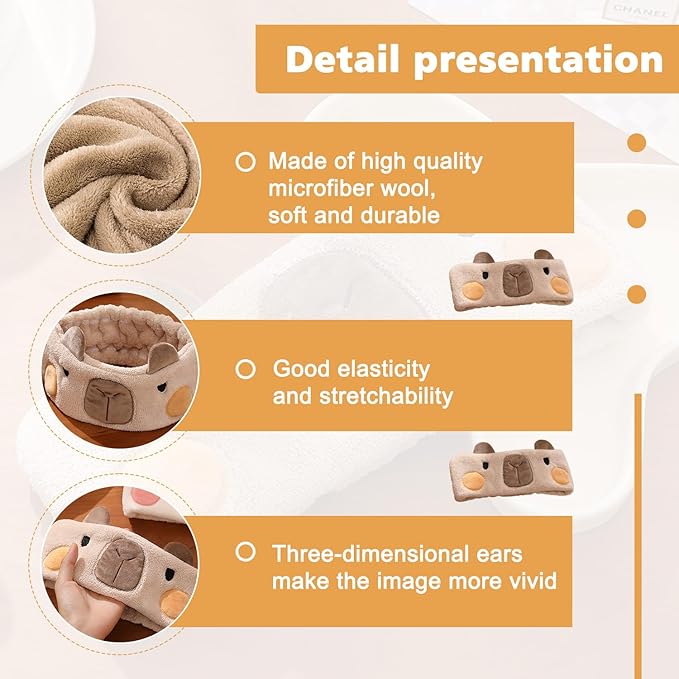 3PCS Spa Headband Capybara Headband with Face Wash Wristband Set, for Washing Face Absorbent Spa Wristbands Wrist Scrunchies Face Washing Wristbands