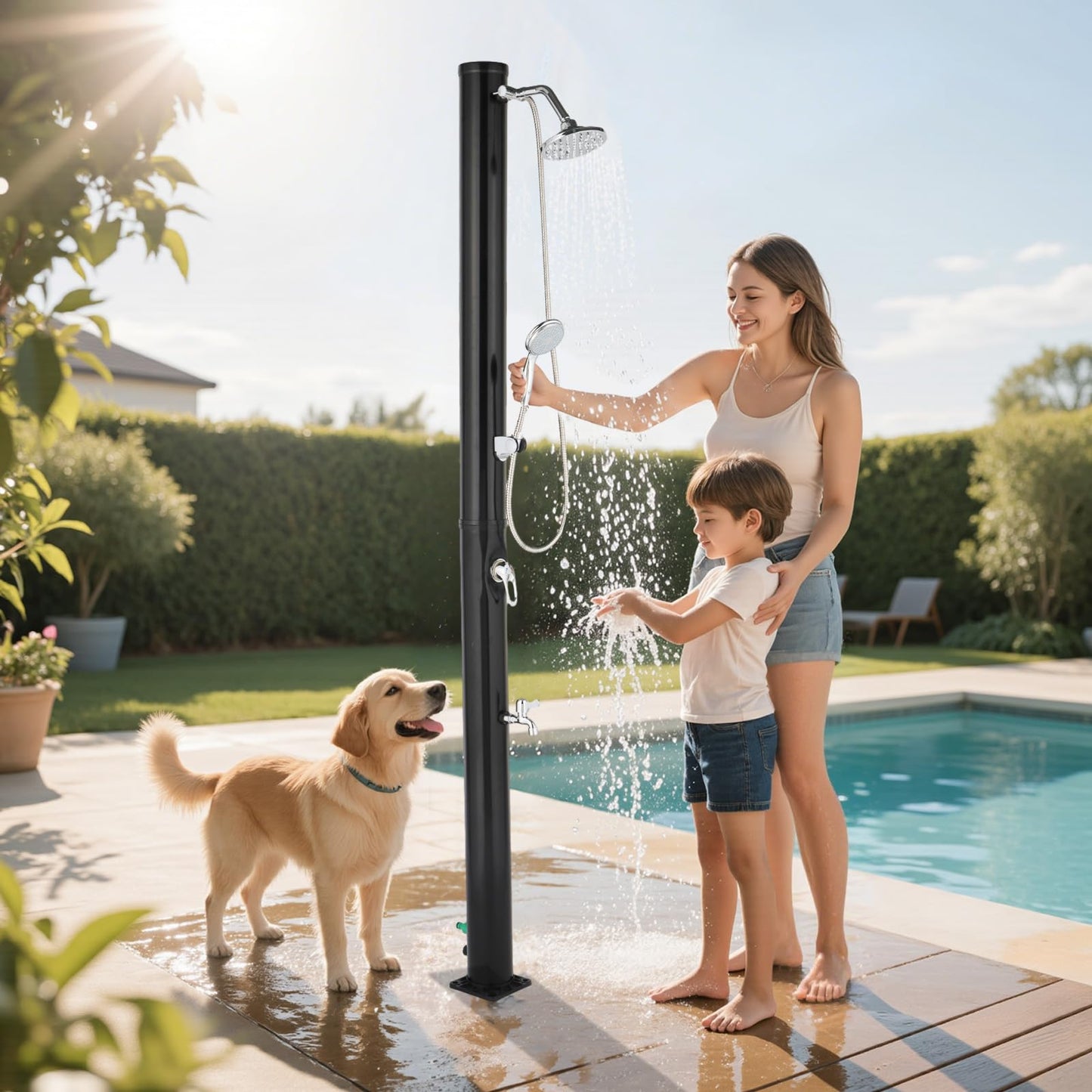 VINGLI 5 Gallon Solar Heated Outdoor Shower, 7.2 FT Height, Freestanding Outside Shower with 360° Swivel Shower Head & Foot Faucet, Hot & Cold Water Adjustment, Black