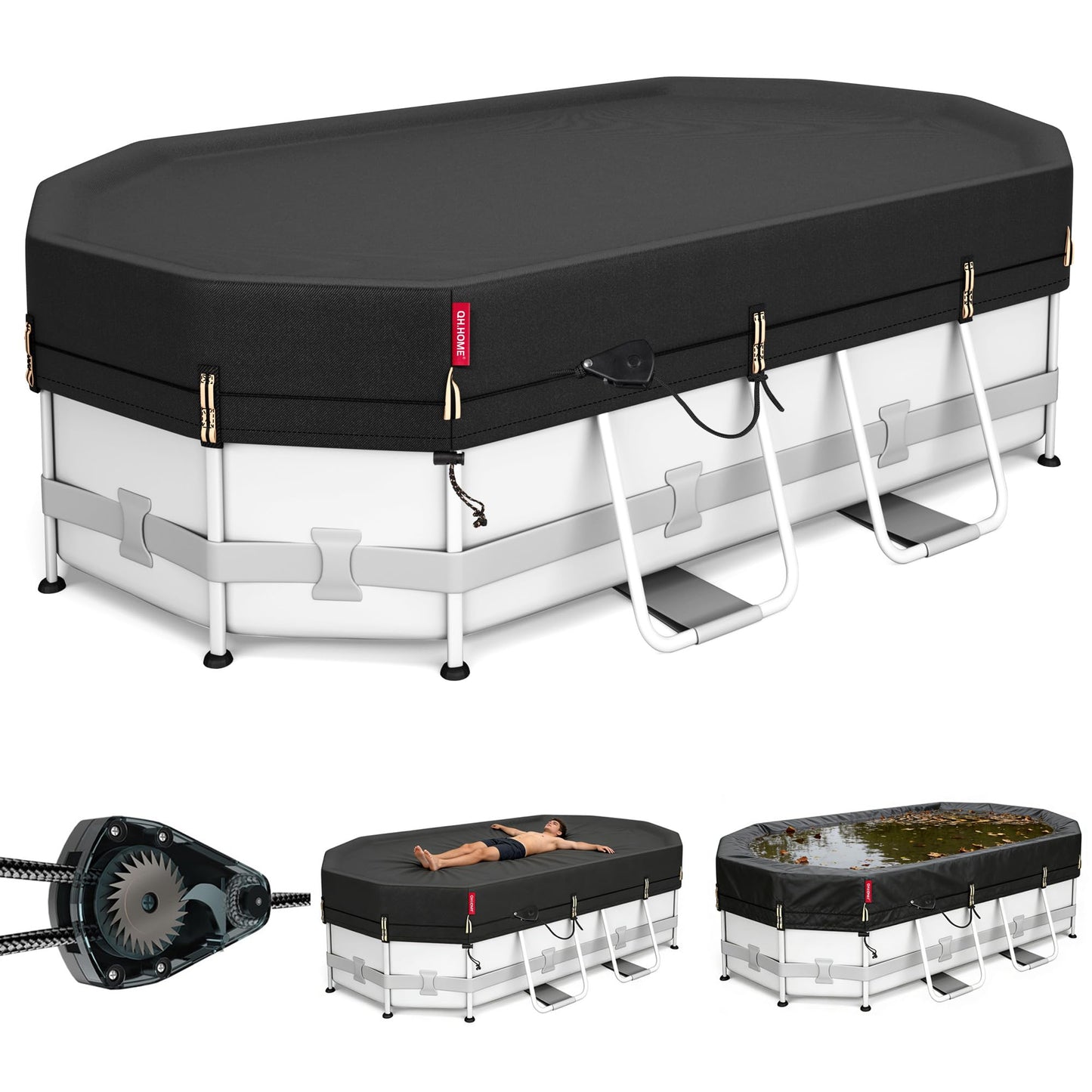 QH.HOME 8.2x14ft Oval Pool Cover,[Ultimate Windproof & Tear-Resistant Fabric],Snug Fit with Patented Ratchet & Weight Rings,Solar Pool Cover for Above Ground Pools, Blocks Leaves &Waterproof