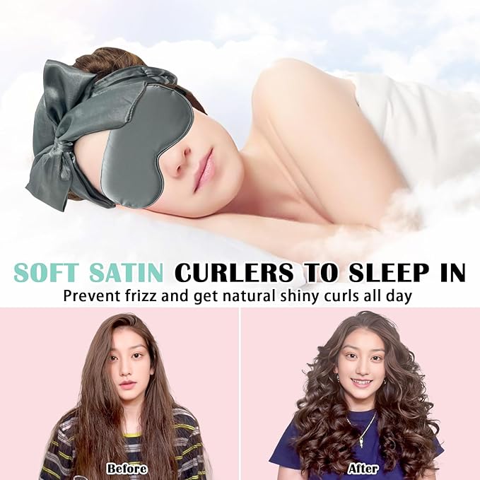 Gwabee Satin Heatless Curls Overnight Hair Curlers to Sleep In Hair Curler Rollers No Heat Hair Wrap for Curls Headband, 70" Satin Heatless Curling Rod Set for Women Long Waves Hair Volume -Grey 10PCS