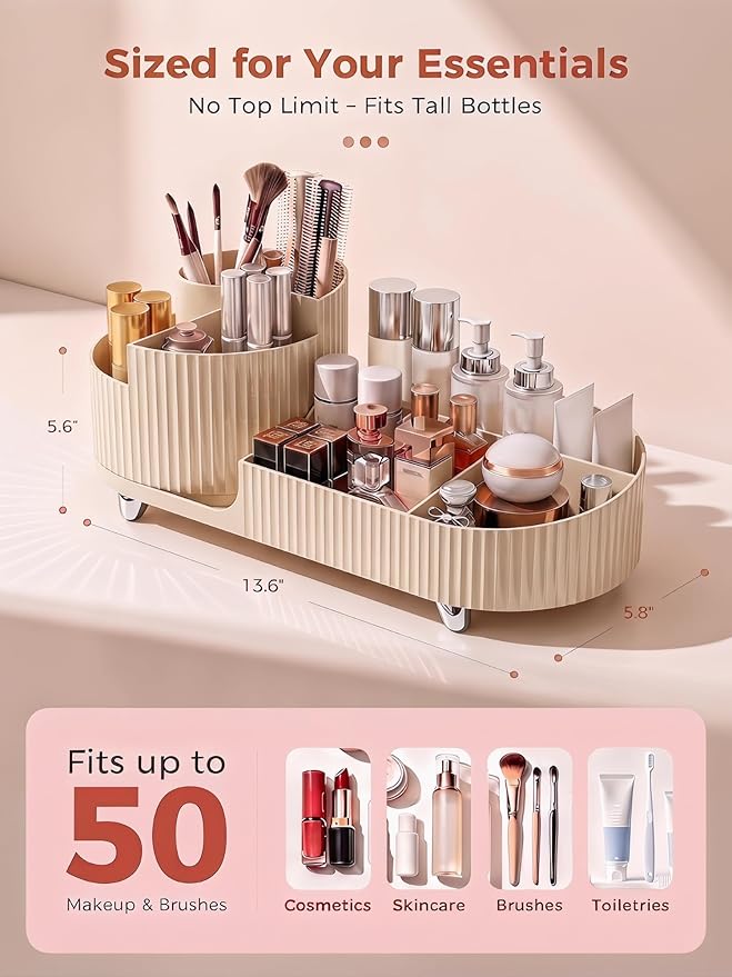Booklov Rotating Makeup Caddy Organizer for Vanity, Large Capacity Cosmetic Display Case, Countertop Beauty Storage Holder for Skincare, Brush Eyeshadow Lipstick, Counter Desk Organization, Cream