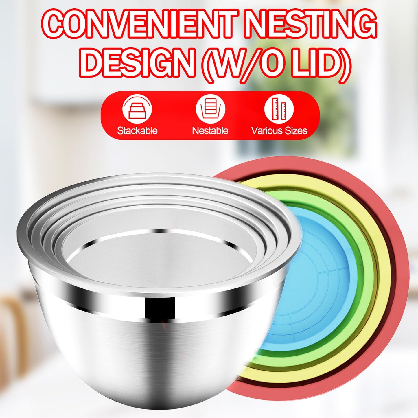 DUTZUN Mixing Bowls with Strainer, Mixing Bowl with Lids Set, Stainless Steel Mixing Bowls, Kitchen Gadgets 2025 Salad Bowls with Strainer for Mixing & Preping & Baking, Multicolor