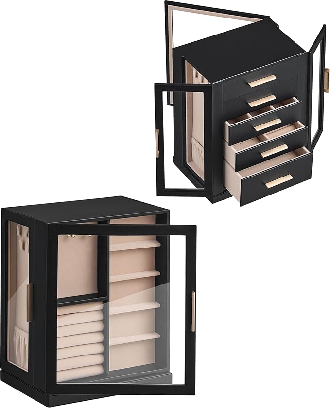 Glimmloop 360ÃÂ° Rotating Jewelry Box with 5 Drawers, Spacious Vertical Jewelry Organizer with Glass Window, Jewelry Storage Case, Dustproof & Moisture-resistant Design, Black