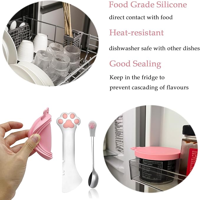 SJANE Cat Food Can Spoons & Can Lids | 4 Pcs | Multi-function Opener | Silicone Pet Food Covers | Stainless Steel Wet Food Spoon for Cats and Dogs(Pink)