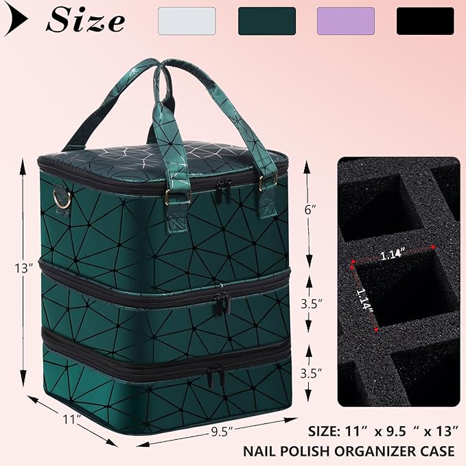 Large Nail Polish Organizer Case Hold 84+ Bottles Nail Polish & Nail Lamp, 3 Layers Nail Organizers and Storage for Nail Tech with Divider, Travel Carrying Case(Green)