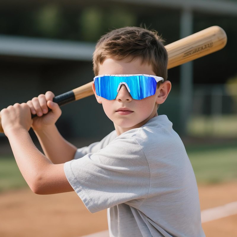 Ofwin Kids Sports Sunglasses for Boys Girls Polarized Youth Softball Baseball Sunglasses Cycling Running Age 5-15 White Frame/Ice Blue Mirror Lens