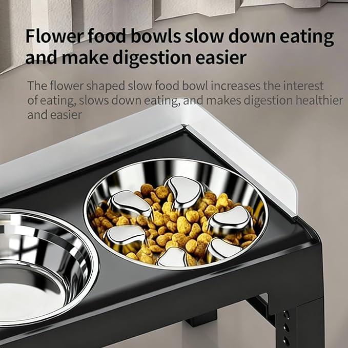 PAKEWAY Elevated Dog Bowls, Spill Proof, Tiltable Pet Feeder with 1 Stainless Steel Bowl &1 Stainless Steel Slow Feeder Bowl, 6 Height Adjustable Raised Dog Bowls Stand for Medium Large Dogs