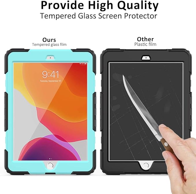 BLOSOMEET Case for iPad 9th/8th Generation 2021/2020 10.2 Inch with Tempered Glass Screen Protector & Pencil Holder,Rugged Kids iPad 7th Gen 10.2 Case 2019 Cover w/Stand Hand Shoulder Strap,SkyBlue