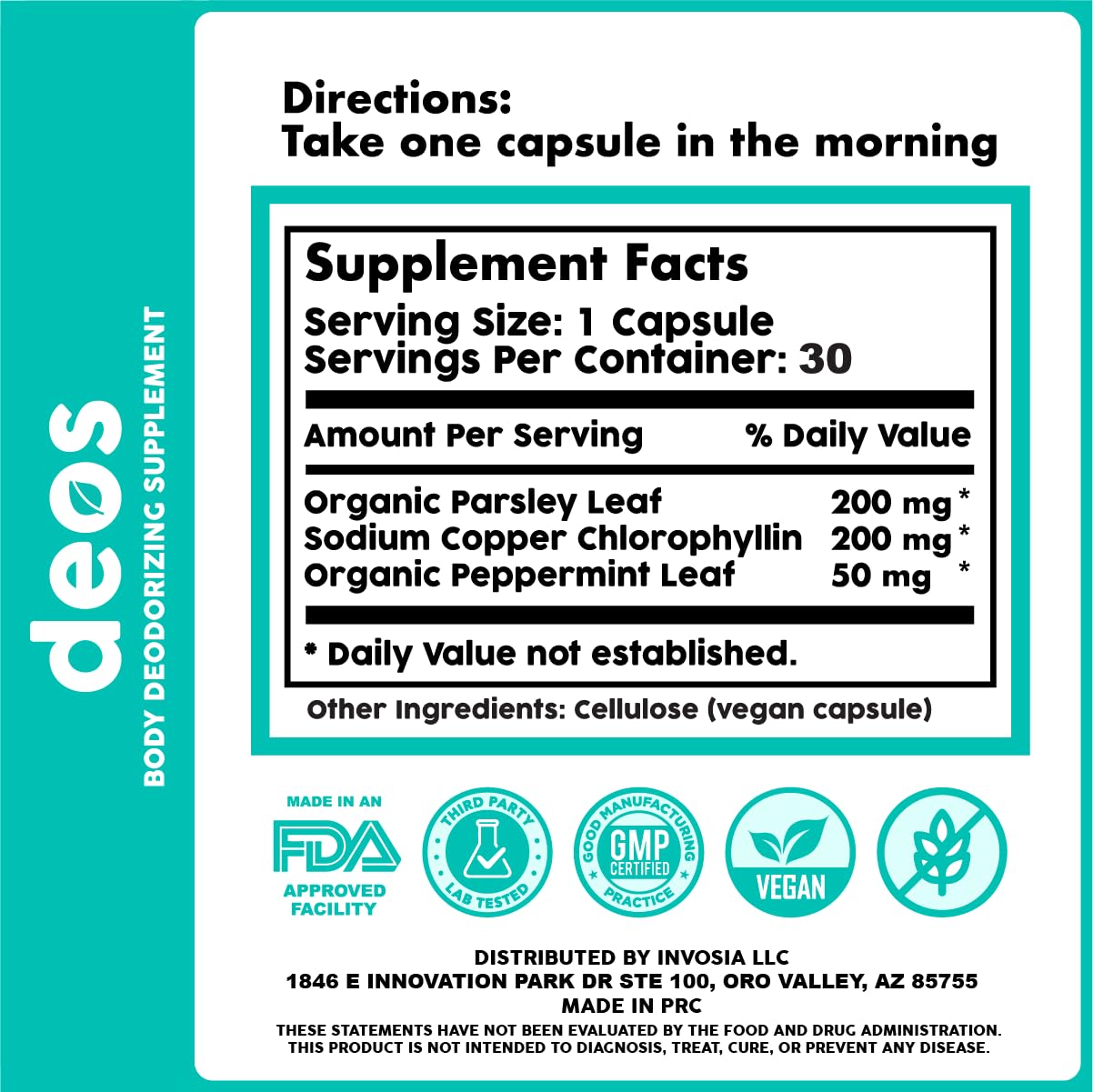 DEOS Internal Deodorant Supplement – Full Body Deodorizer for Gut Health, Skin Health, Detox & Digestion Support – Natural Odor Control Chlorophyll Pills | 30 Capsules