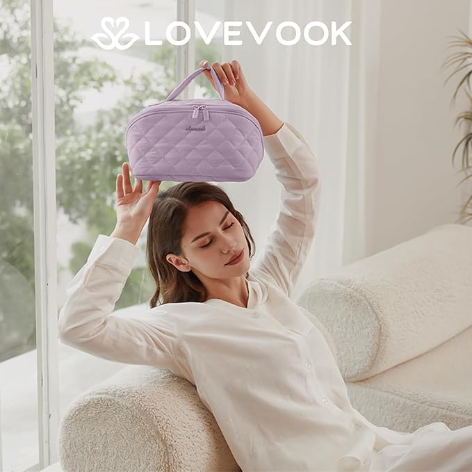 LOVEVOOK Travel Makeup Bag for Women, 2Pcs Puffer Waterproof Cosmetic Organizer, Large Capacity Pouch Open Flat Small Toiletry Bag with Brush Compartment & Handle (Purple, Medium)