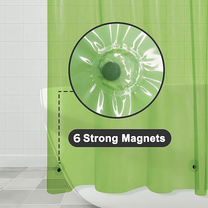 Barossa Design Clear Green Shower Curtain Liner - PEVA Heavy Duty Shower Liner with 6 Magnets and Metal Grommets, 72" x 72" Waterproof Bathroom Curtains - Clear Green