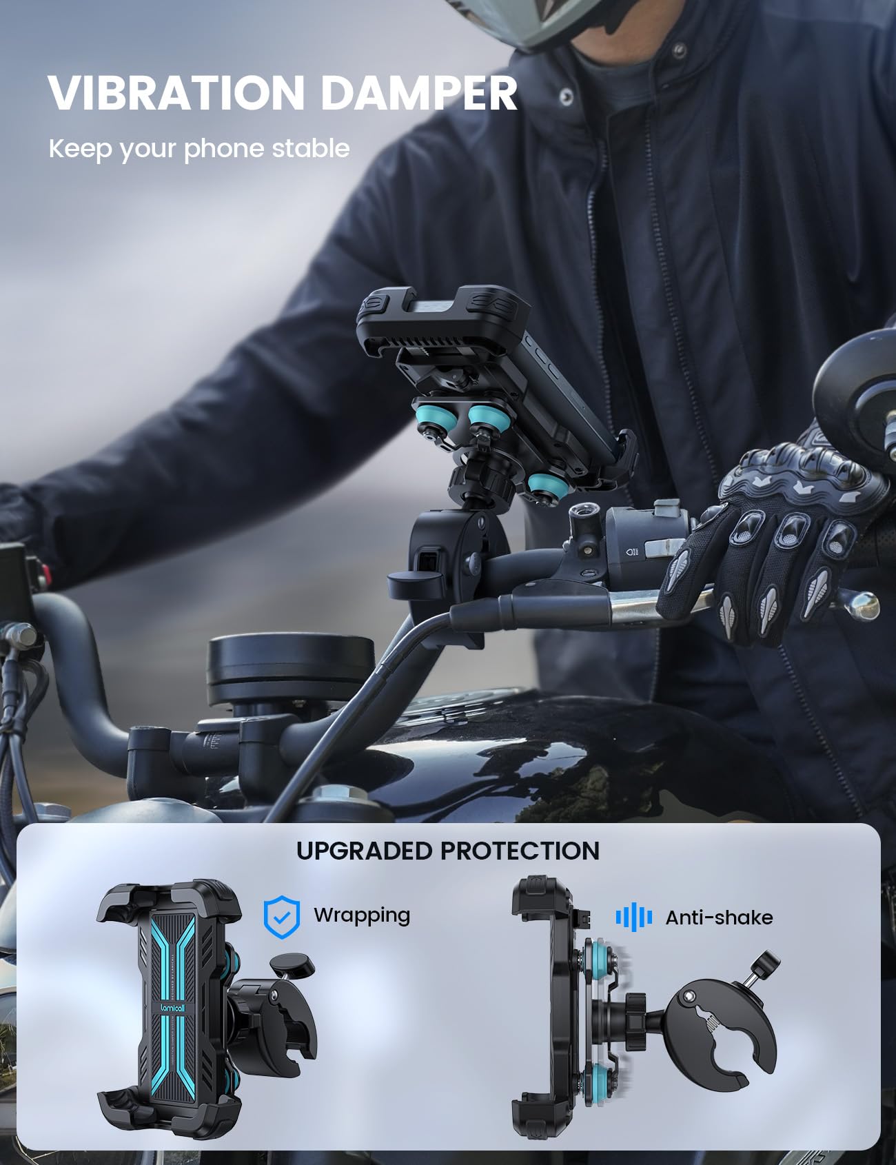 Lamicall Motorcycle Phone Mount Holder - [Dual Vibration Dampener] [Upgrade Handlebar Clip] Motorcycle Cell Phone Holder, Bike Phone Mount, Fit iPhone 16/15/14/13 Pro Max, 4.7-6.7" Phones, Blue