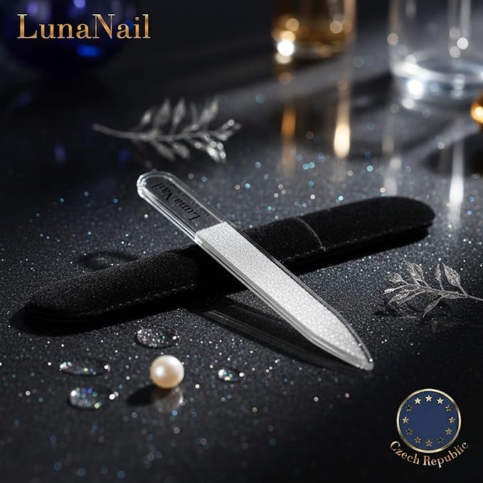 Nano Czech Glass Nail File & Buffer 2-in-1, Velvet Case, Crystal Polisher, Mirror-Shine, Keratin-Sealing, Travel Friendly