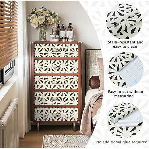 Peel and Stick Wallpaper Geometric Boho Contact Paper Black 78.7 "x17.3 Beige Self-Adhesive Wallpaper Vintage for Bedroom Waterproof Removable Shelf Liner Decal Vinyl Roll