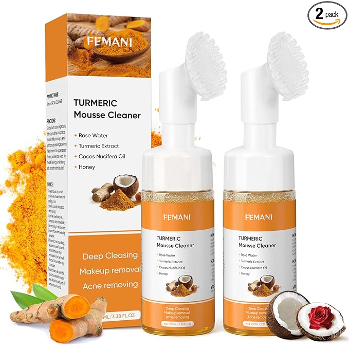 femani 2pcs Glow Wash Turmeric Face Wash With Brush, Deep Cleansing Exfoliating Foaming Facial Cleanser, Improve Skin Condition