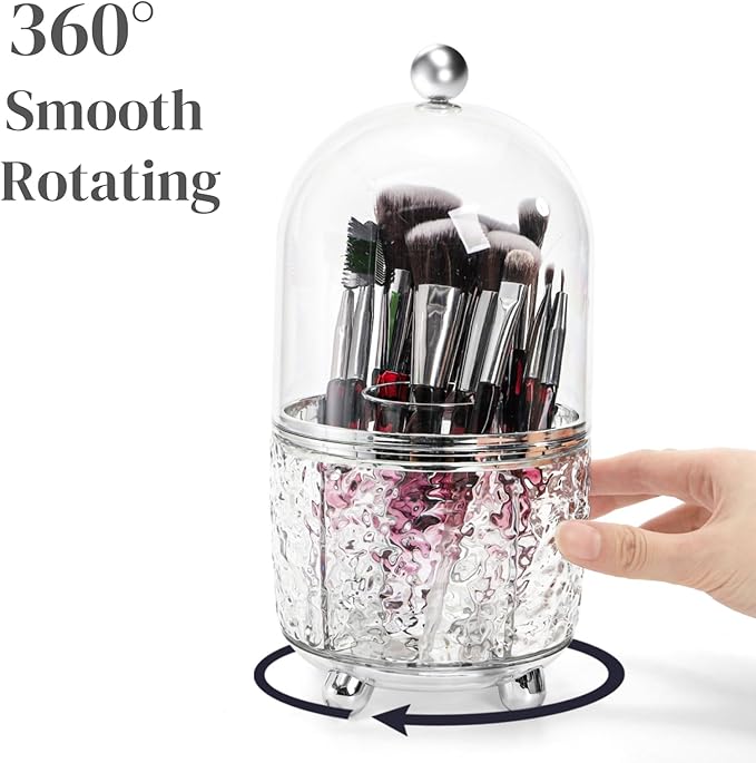 Eorbow Rotating Makeup Brush Holder, Dustproof Cosmetic Tools Organizer with Lid, 360ÃÂ° Spinning Covered Brushes Storage with Anti-slip Pads for Vanity, Bathroom Countertop & Bedside Table, Clear