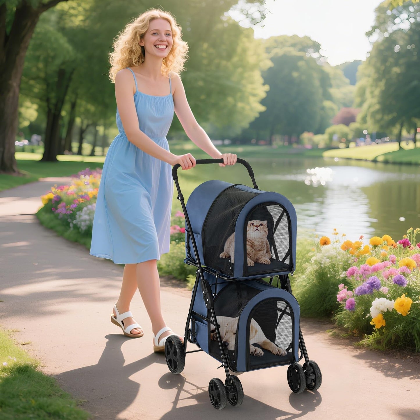 HAPPAWS Dog Stroller with 2 Detachable Carrier, Pet Stroller for Small Medium Dogs Cats, Jogger/Travel/Camping, 4-in-1 Doggy Pet Carrier, Carrier Strolling Cart with Lockable Wheels, Navy Blue