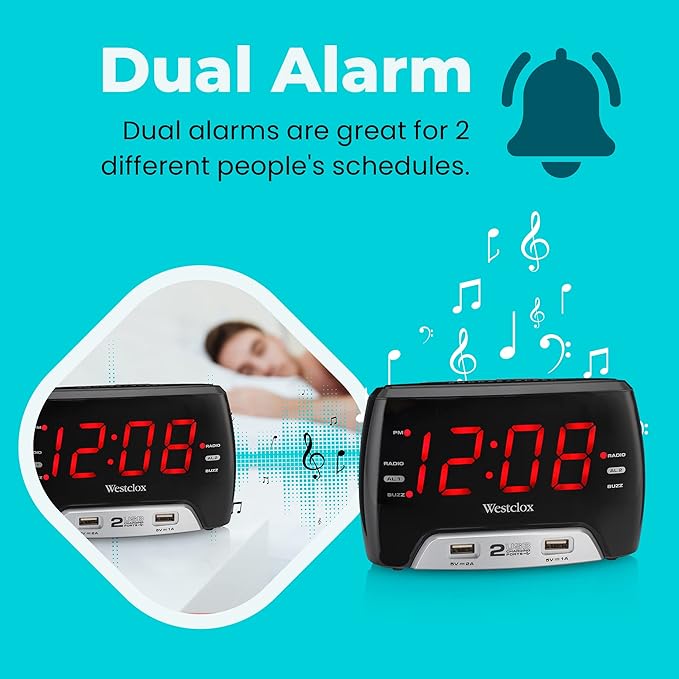 Westclox Large 1.4” Red LED Digital FM Clock Radio with Dual USB A & C Charging Ports, Adjustable Brightness, Dual Alarms & Sleep Timer – Modern Alarm Clock for Bedroom, Home, or Office (Black)
