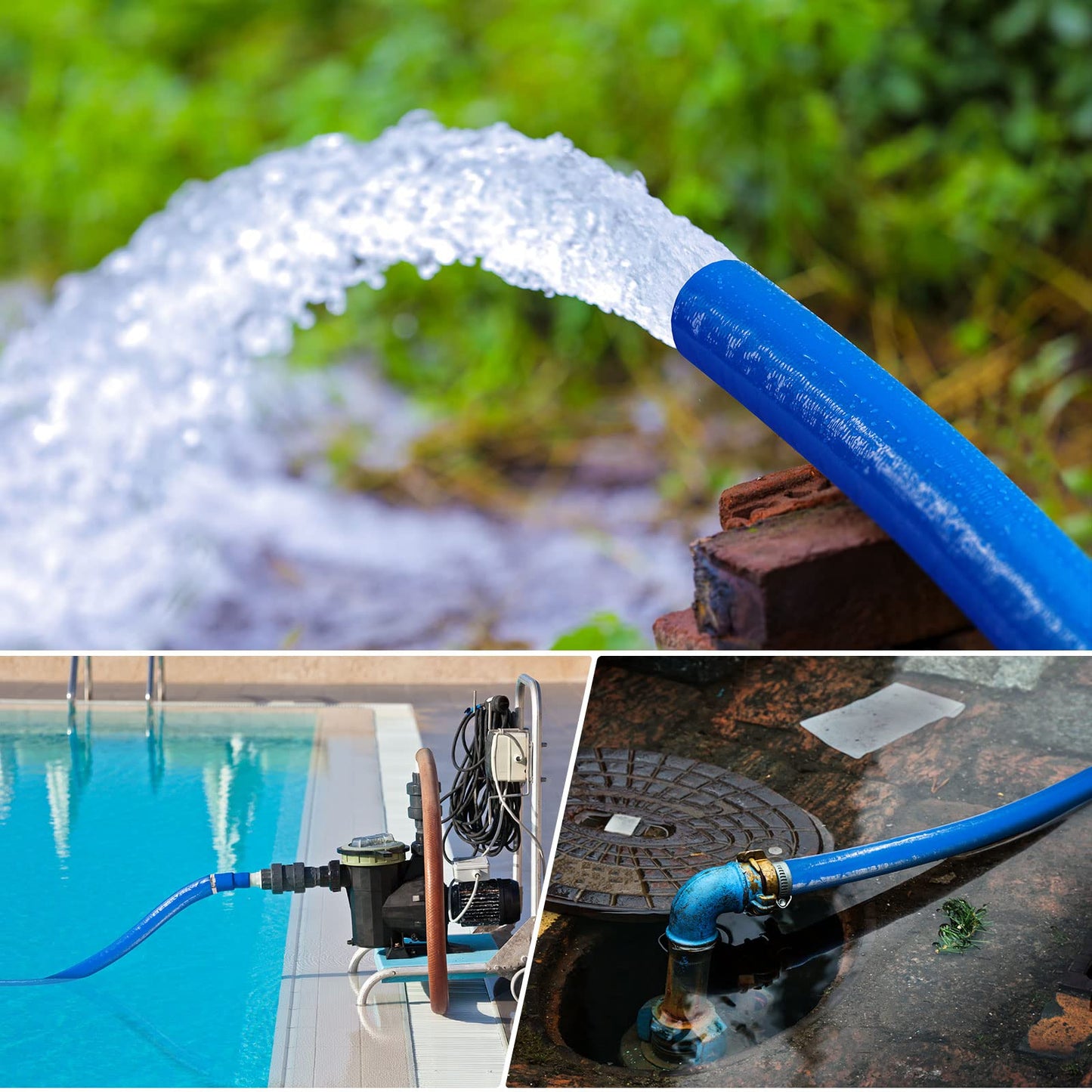 Jin&Bao 2" x 25 FT Pool Backwash Hose, Heavy Duty Reinforced Lay-Flat Discharge Hose, Burst Resistant Drain Hose with 2 Clamps, for Pool Filter & Sump Pump-Blue
