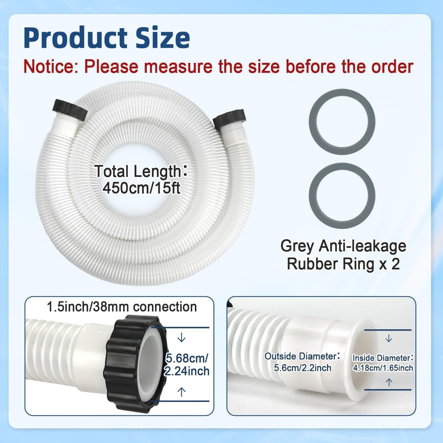 Conderyang 15ft 1 1/2" Pool Hose for Above Ground Pools Long Pool Pump Replacement Filter Hoses 1.5" EVA Swimming Pool Filter Hose for Filter Pumps, Saltwater Systems and Sand Filters (White)