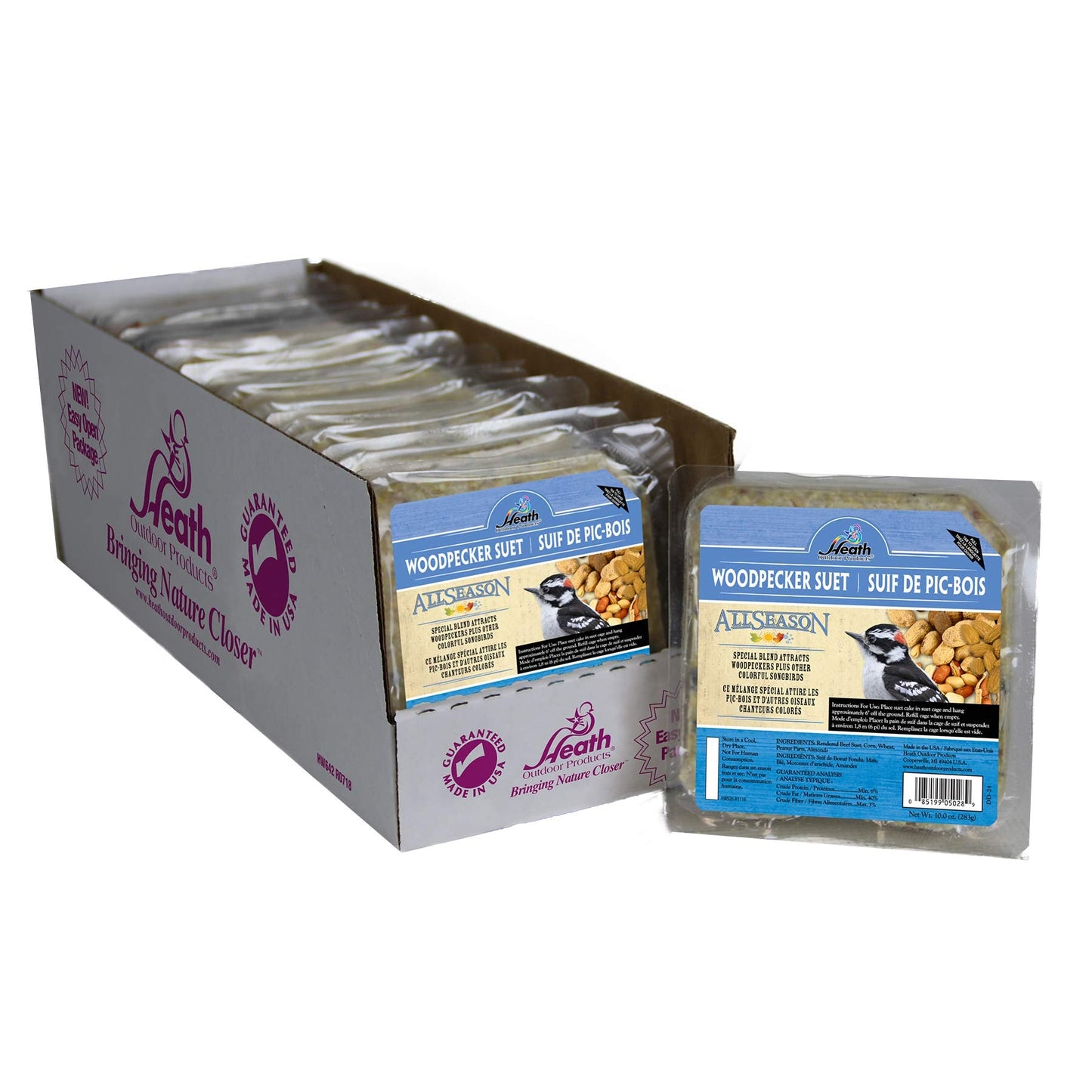 Heath Woodpecker Suet Cake, 5.2in, 10oz, 12 Pack - Blend Attracts Woodpeckers & Songbirds, No Melt