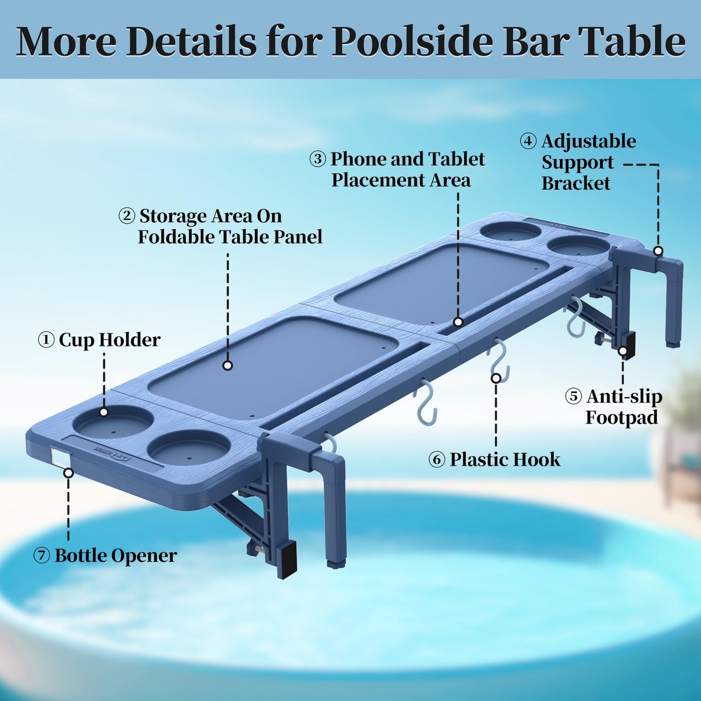 Poolside Bar, 44"×12" Poolside Bar Table with Adjustable Support Bracket Fits Above-ground Pools, Swim Up Bars Capacity Up to 110lbs, Patio Poolside Table Smart Fold ＆Weather Resistant Stable Tabletop