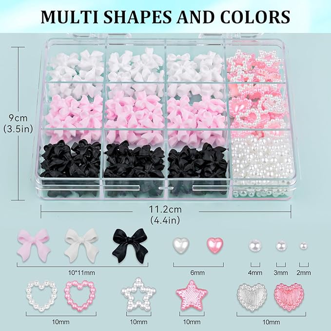 600 Pcs 3D Cute Nail Charms and Flatback Pearls Set 3, Pink&White&Black Nail Bows + Pink&White Star Heart Cute Nail Jewels + 2-4mm White Nail Pearls for Nail Art DIY Decoration with Pickup Tools