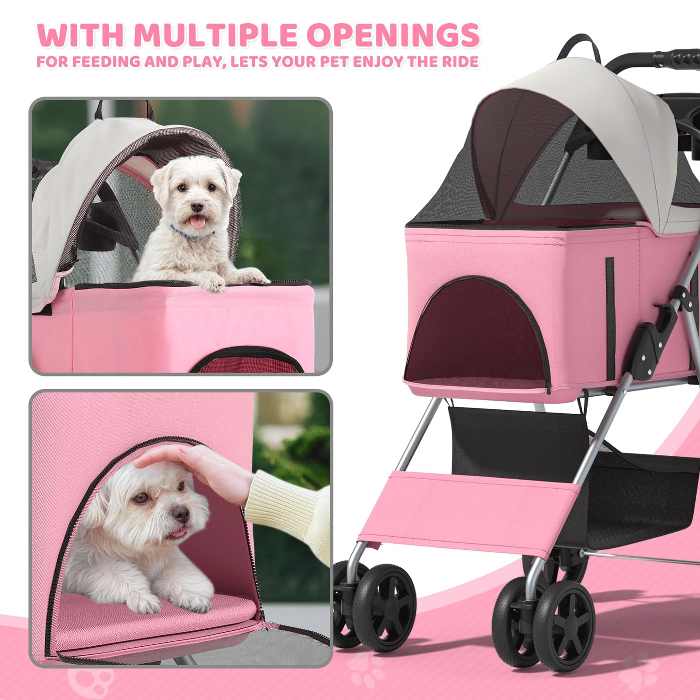 Magshion Foldable Pet Stroller, 3-in-1 Dog Travel Jogger with Detachable Carrier, Cup Holder, Storage Basket, Folding Carrier for Small/Medium Dogs & Cats Up to 33 lbs, Pink