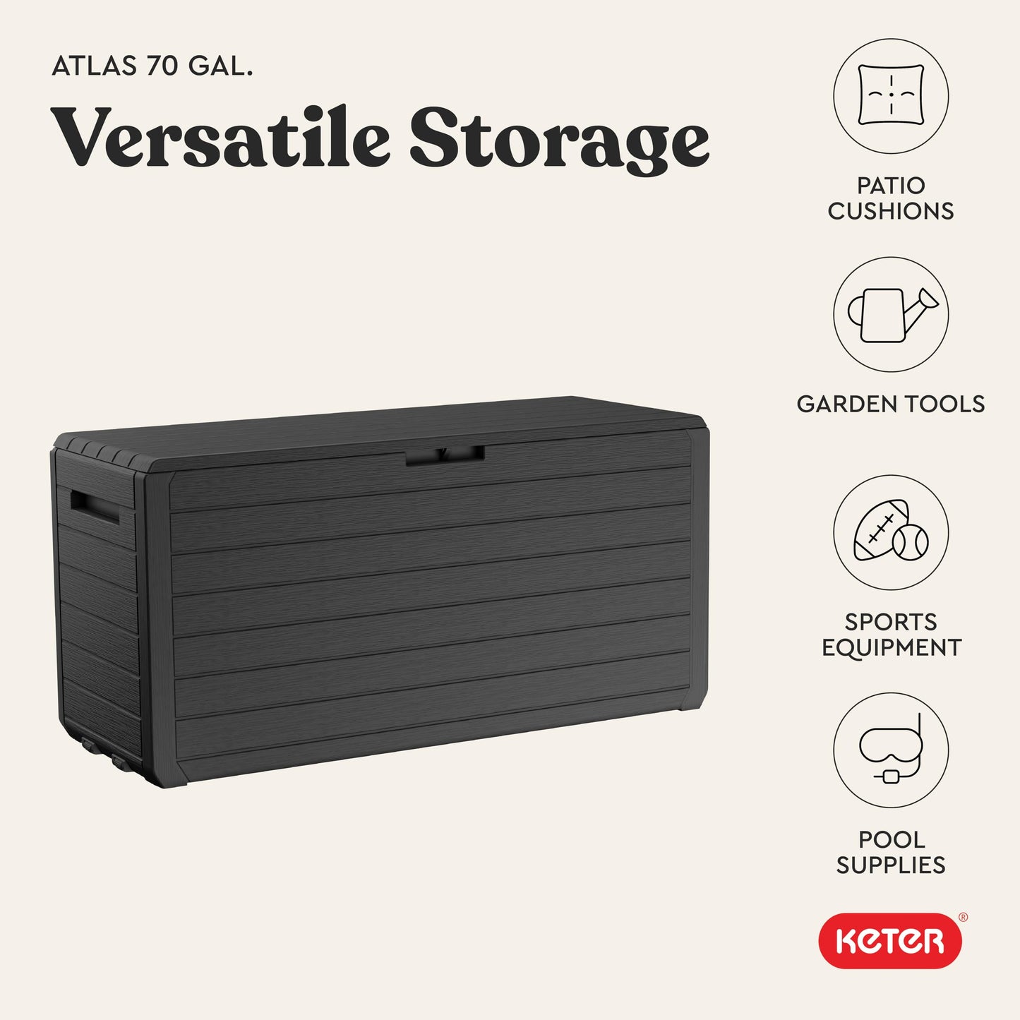 Keter Atlas 70 Gallon Deck Box – Weather‑Resistant Outdoor Storage Chest for Patio, Yard & Pool, Durable Resin Construction, Lockable Lid, Easy‑Open Design