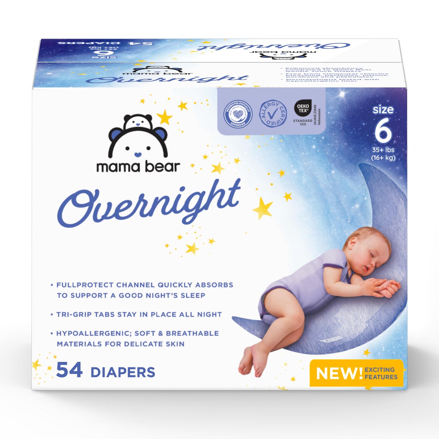 Amazon Brand - Mama Bear Overnight Baby Diapers with Leak Protection and Skin Protection, Fragrance-Free, Size 6, Hypoallergenic, Chlorine Free, Dermatologist Tested, 54 Count