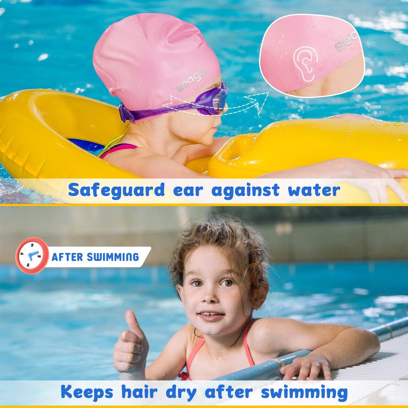 Seago Kids Swim Cap for Girls Boys Long Hair Swimming Cap for Kids 6-14 Youth Extra Large Swim Cap for Braids and Dreadlocks Waterproof Pool Silicone Bathing Swimming Caps that Keep Hair Dry