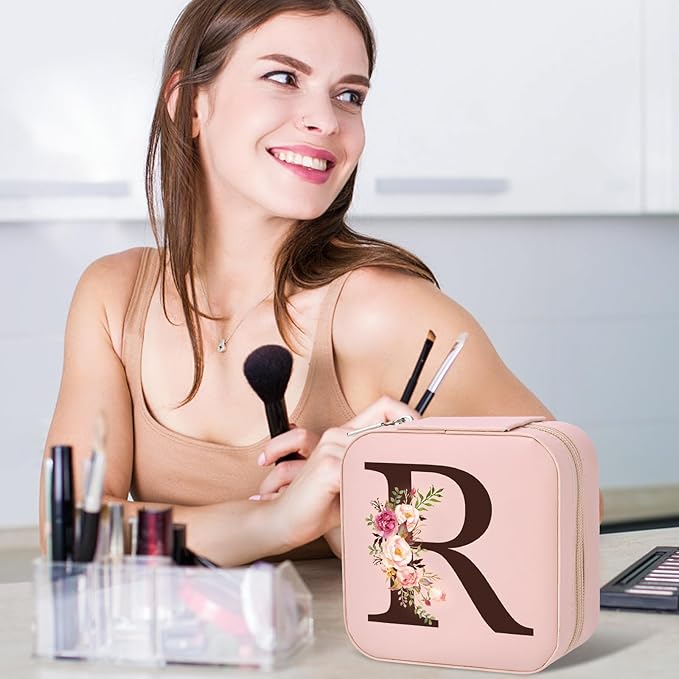 Small Travel Jewelry Case for Girls Women, Travel Jewelry Box Organizer Personalized Pink Gifts for Wife Mom, Gift for Friend Sister Grandma Aunt, Initial R