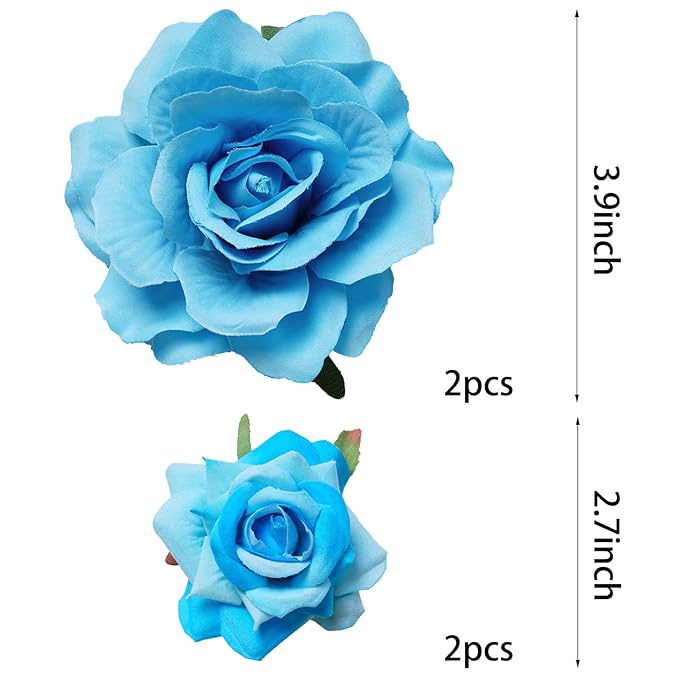 Rose Hair Clip Flower Hairpin Brooch Floral Clips, 4 Pcs Fabric Rose Flowers Hair Clips Mexican Hair Flowers Pin up Headpieces for Woman Girl Wedding Party Mother's Day (Light Blue)
