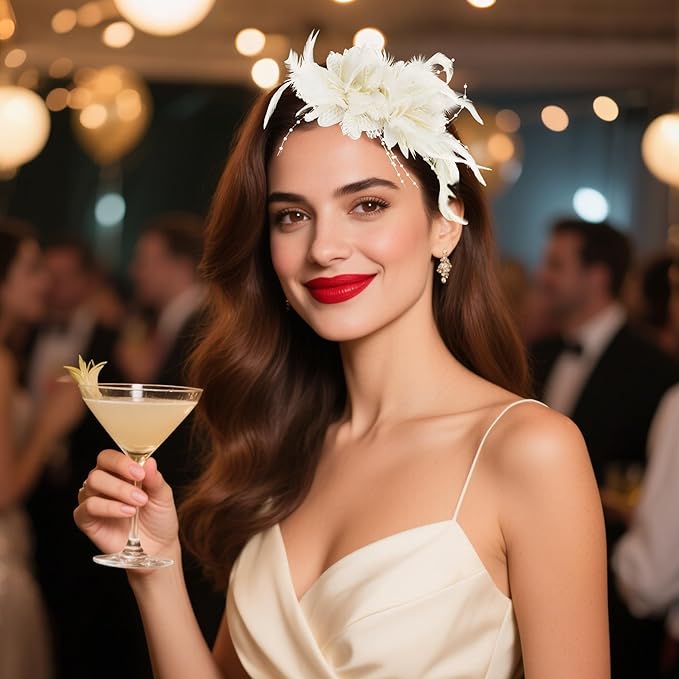 Womens Fascinators Hats Tea Party Hats for Women, Feather Pearl Veil Headband for Wedding Cocktail Dresses Accessories