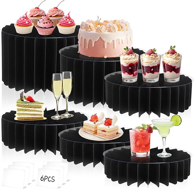 6Pcs Buffet Risers, Food Risers for Table, Foldable Cake Display Stands, Tall Cardboard Cupcakes Stand for Show Catering Desserts Jewelry Wedding Birthday Party Decoration (Black)