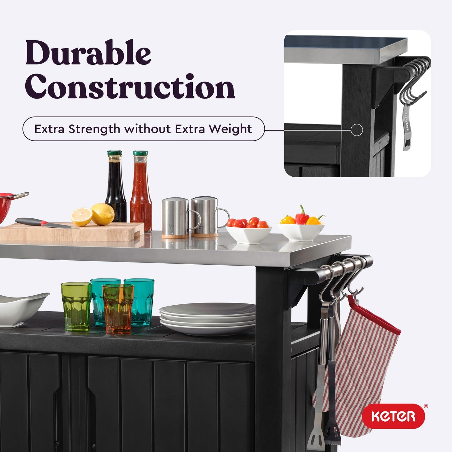 Keter Unity XL Portable Outdoor Table with Stainless Steel Top for Kitchen Prep and Outdoor Storage Cabinet for Grilling Accessories, Dark Grey