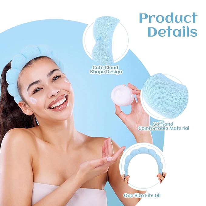 Women Spa Headband, Blue - Soft and Comfortable Headband for Washing Face, Makeup Removal, Yoga, Sports, Skincare, Hair Accessories for Women and Girls
