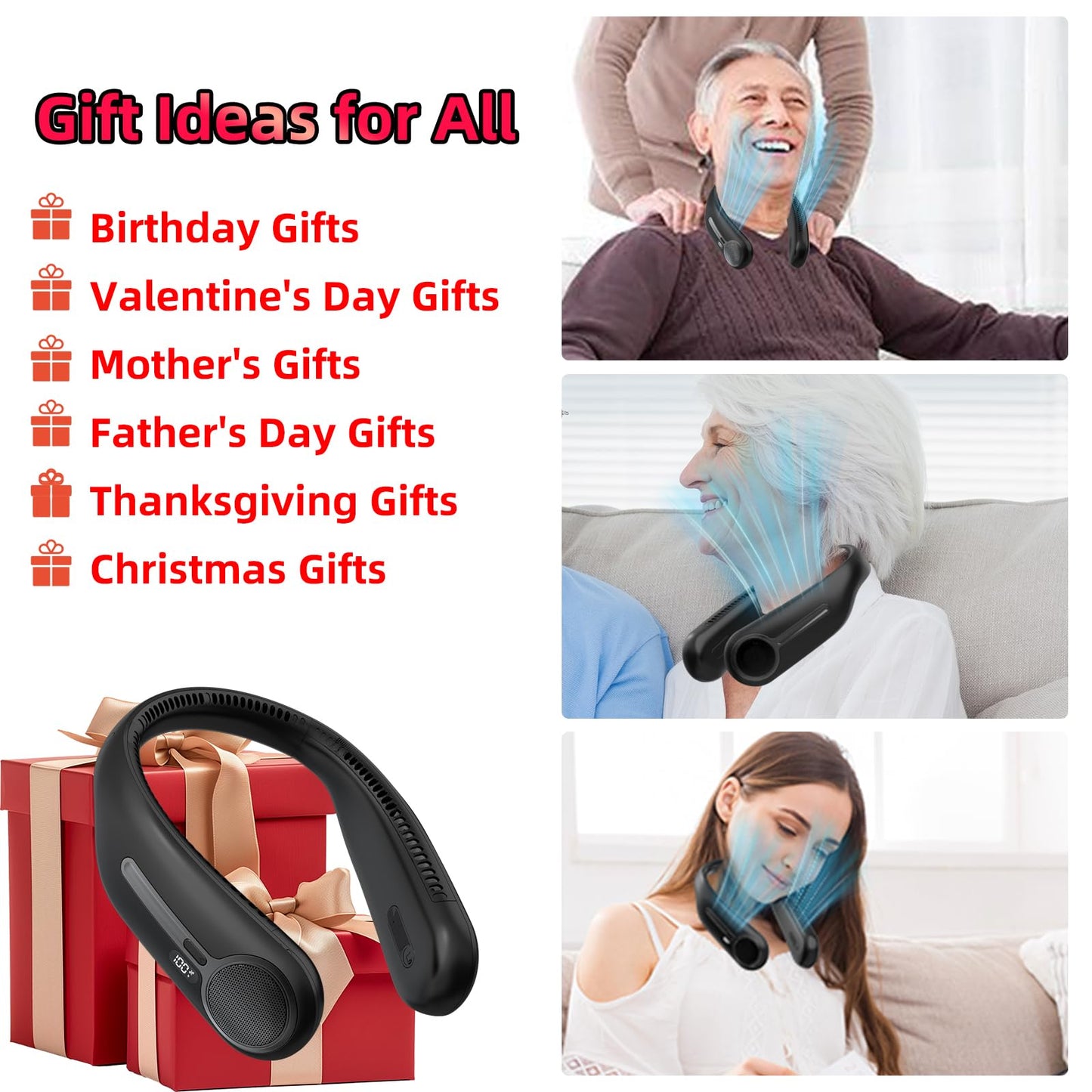 Portable Neck Fan,Gift Ideas,Personal Wearable Bladeless Fan,360° Cooling,LED Display,4-Speeds,6000mAh Rechargeable,Powerful Wind,Outdoor Travel Camping,Birthday Gifts for Men Women Dad Mom (Black)
